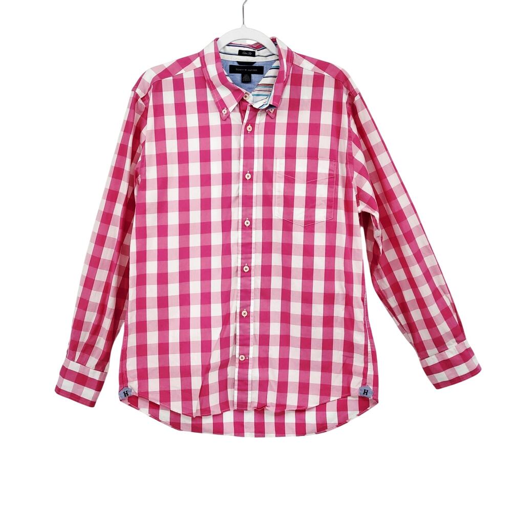 Tommy Hilfiger Slim Fit Pink & White Gingham Button Down Shirt Men’s Size L